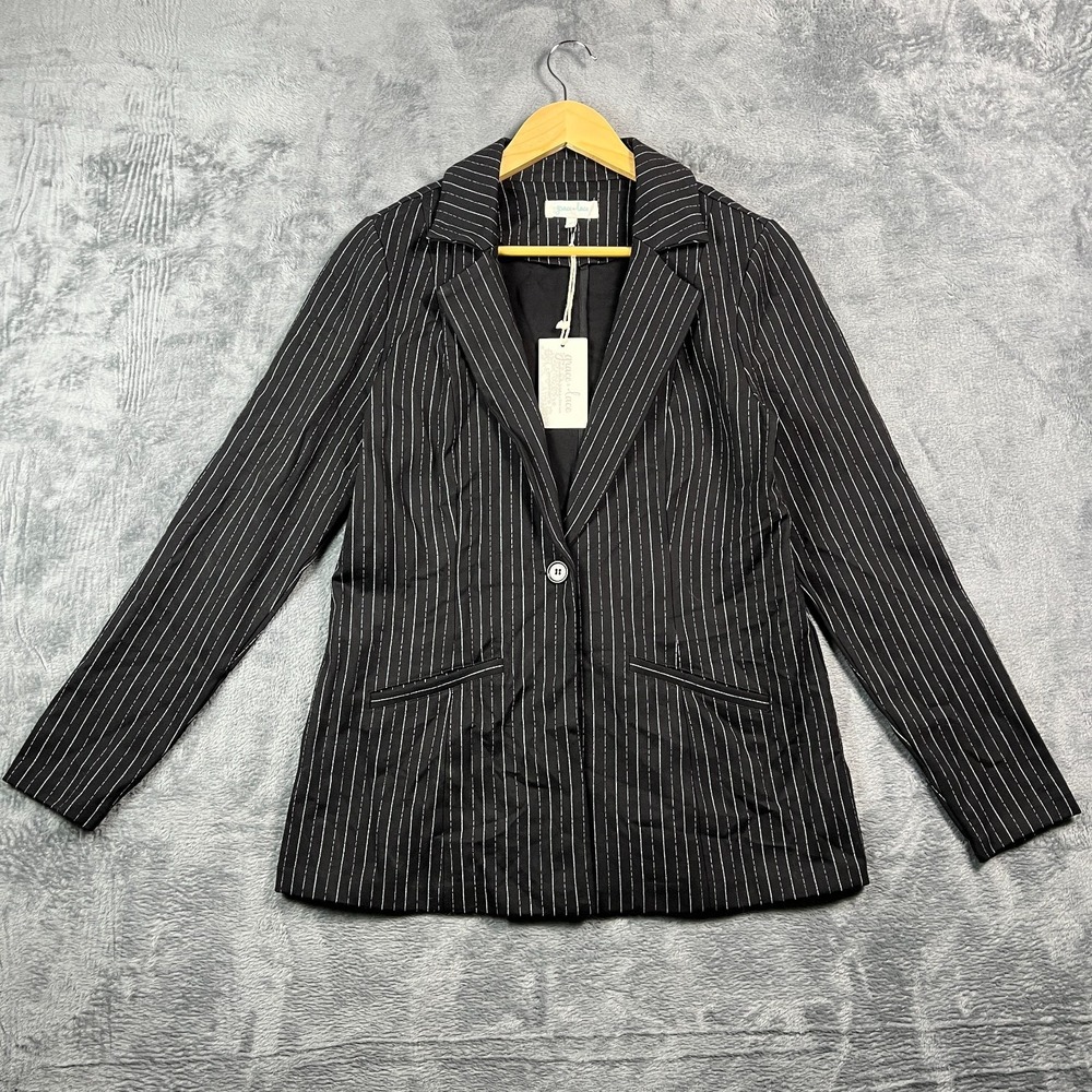 Grace & Lace Blazer Jacket Womens M Black Pinstripe Notch Lapel Single Breasted